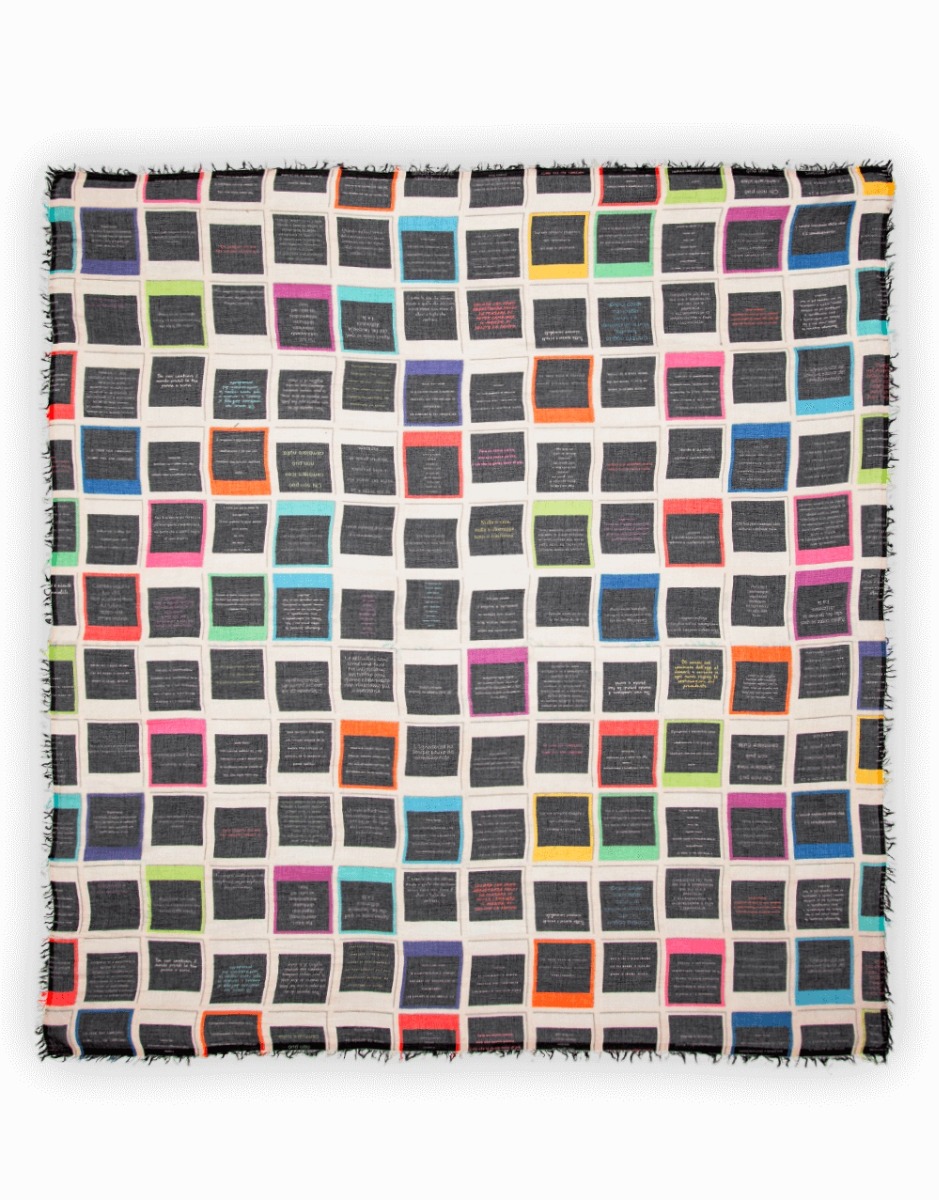 <p>The colorful square Photo scarf in a modal and cashmere blend will give you instant happiness. Decorated with a dynamic multicolor print on a black background with fringed edges. Lightweight and currently worn around the neck, it will give your outfit 