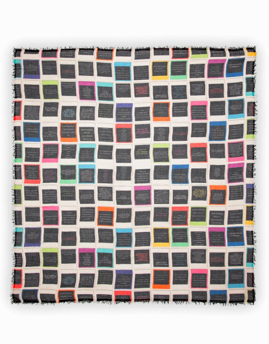 <p>The colorful square Photo scarf in a modal and cashmere blend will give you instant happiness. Decorated with a dynamic multicolor print on a black background with fringed edges. Lightweight and currently worn around the neck, it will give your outfit