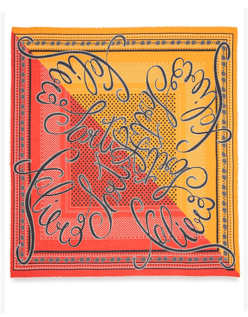 <p>In a modal, cotton, and cashmere blend, the square Monica scarf will give a note of color and flair to any outfit. Printed with a geometric pattern with polka dots on a red and orange background, it is finished with a fringed trim. Draped around the ne