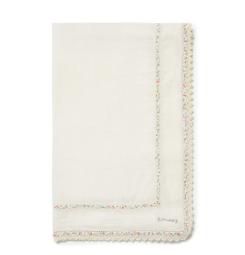 <p>More delicate than ever, the square cotton blend Kory scarf will win you over with its fine lace along the edges and gorgeous floral print frame. The lightweight silhouette in a sophisticated ivory hue will be the finishing touch to add to blazers, jac