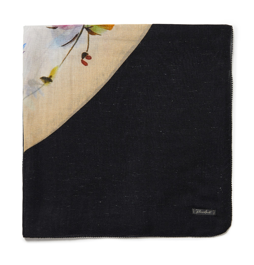 <p>In a viscose, modal, and cashmere blend, the square Ricky scarf will give a note of femininity and color to any outfit. The print features a floral pattern on a contrasting black background. Knotted around the neck, it will give your look a sophisticat